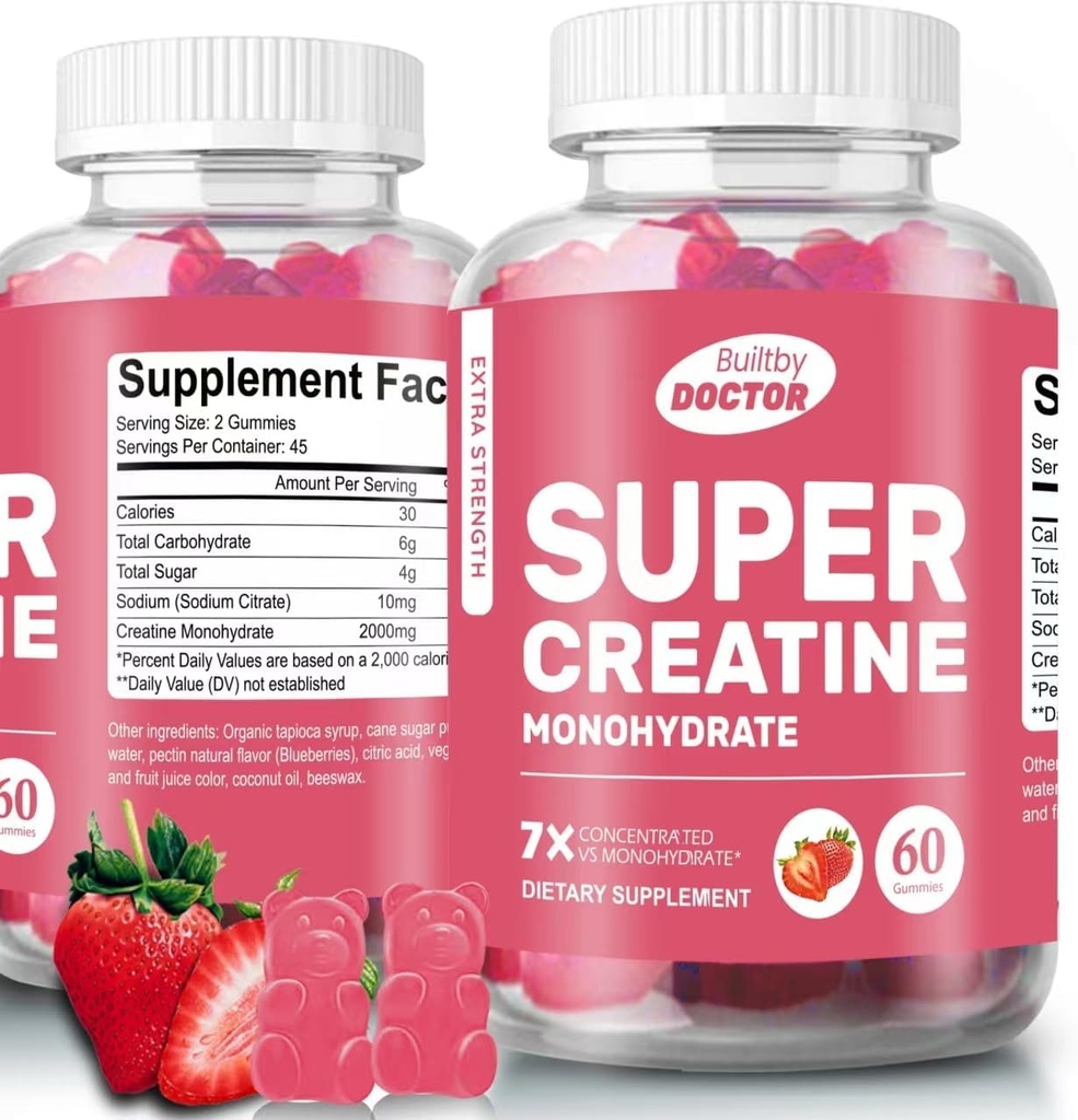 Super Creatine Monohydrate Gummies for men and women, Sugar- Free, 30 Servings, 5g of Creatine Per Serving, Vegan, Gluten- Free, Bodybuilding Recovery Suplemen untuk meningkatkan Ukuran Otot dan Kekuatan