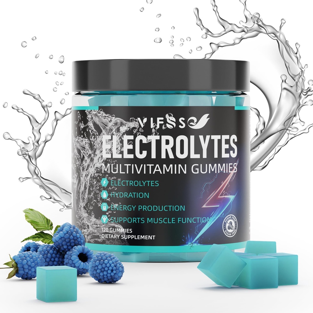 Electrolytes Gummies No Sugar, 120 Chewable Electrolite Gummies dengan 6 Electrolite untuk Runners and Endurance Sports, Menyegarkan Blue Raspberry, Hidration Electrolite Chews, 1 Pack