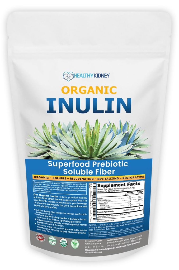 Powder Organik Inulin (48oz / 3 lbs) Gentle Agive Prebiotic Sober Suplemen Serba untuk Dukungan Digetitas, Kesehatan Gut, Pemanggang Vegan, Smoothies & Minuman