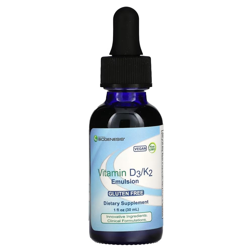 Nutra Biogenesis Vitamin D3 / K2 Emulsion - Cair Vitamin D Drops with MCT Oil, D3 K2 Sublingual Oil Dropper for Women and Men - 1 Fl Oz Bottle (30 ml)