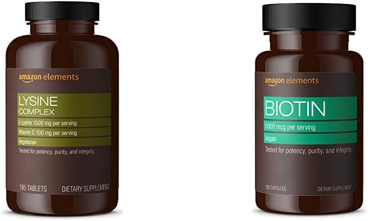 Elemen Lysine Complex dengan Vitamin C (1500 mg L-Lysine dengan 100 mg Vitamin C per Serving - 3 Tablet), Support Immune Health, Vegetarian, 195 Count (Packing dapat bervariasi) dan Elements Vegan Biotin 5000 mcg - Hair, Skin, Nails, 130 Capsules (4 bulan persediaan) (Packing mungkin bervariasi)