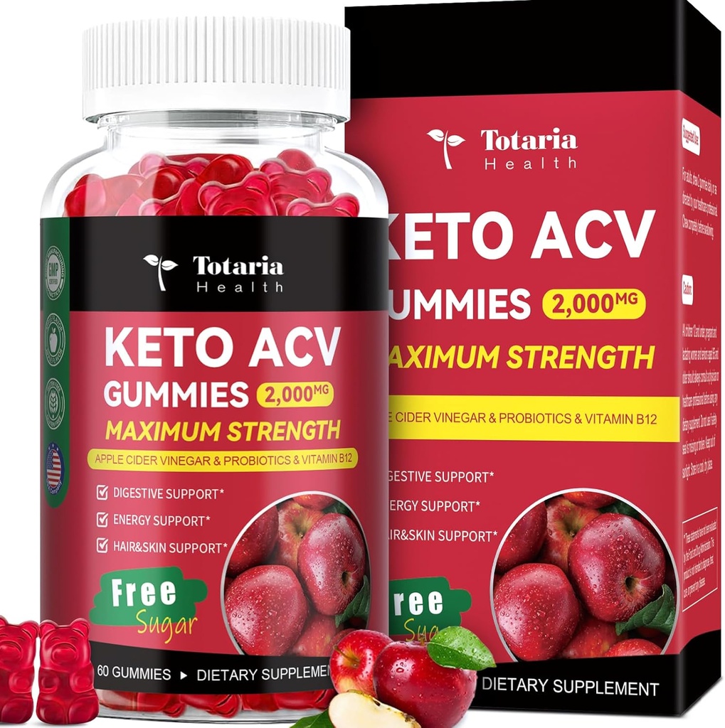 Totaria Keto ACV Gummies - 2000mg Apple Cider Vinegar Gummies Sugar- Free Dukung Stature Health dengan Progories, B12, Keto Suplemen Perempuan & Pria, 60 Negara