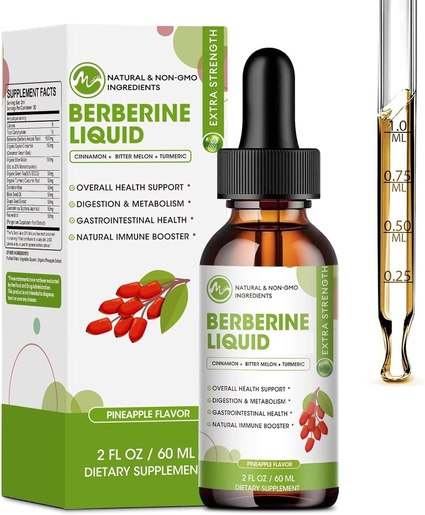 Cairan Berberine Suplemen Drops, Berberine dengan Cinnamon Ceylon, Turmeric, Resveratrol, Bitter Melon, & More- Ekstra Kekuatan Vegan Supplemen, Mendukung Sistem Imune & Digetical System