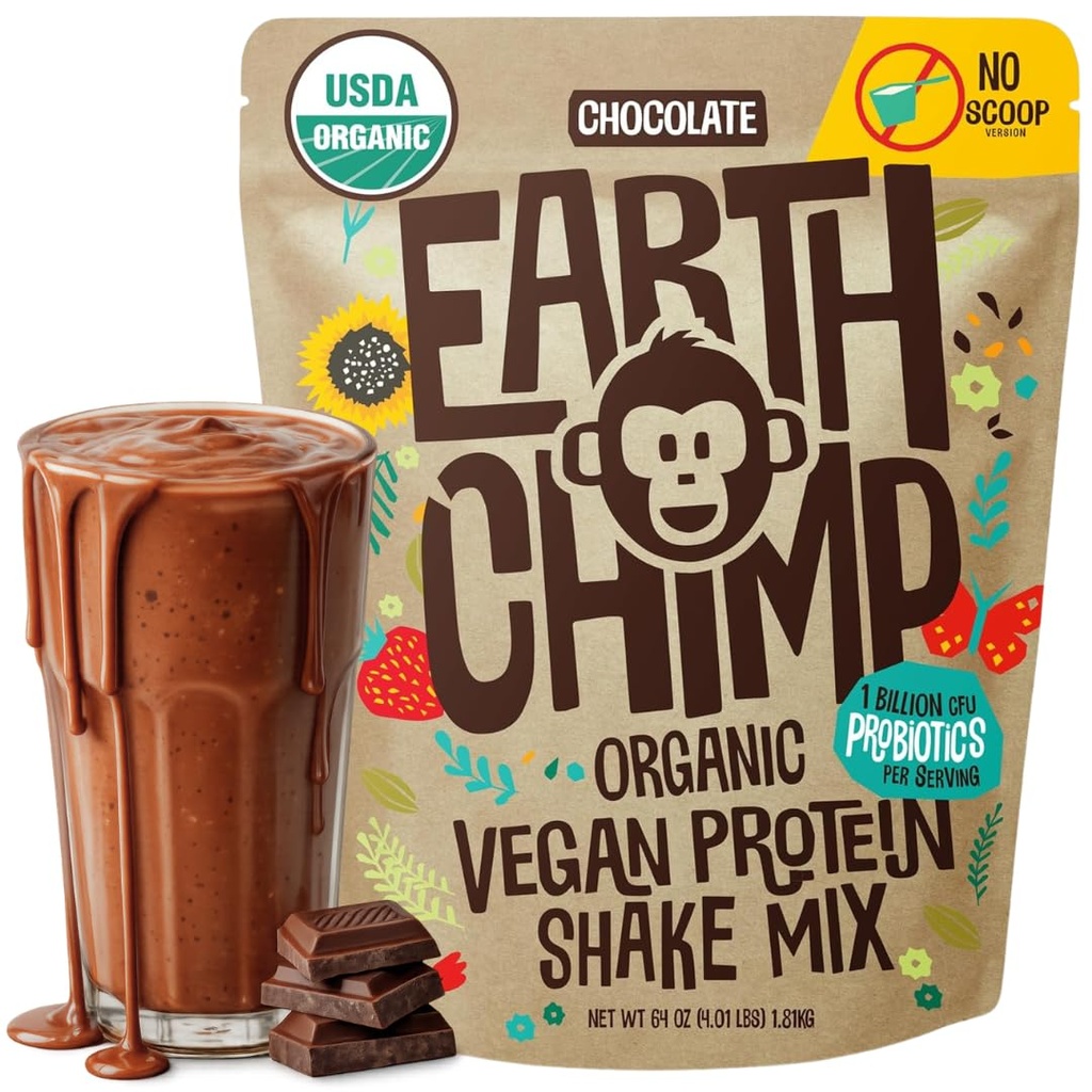 EarthChimp Organic Vegan Powder - dengan Prograsi- Non GMO, Dairy Free, Non Whey, Tanaman berbasis Protein Bubuk untuk Perempuan dan Pria, Gluten Bebas - 52 Pelayan 64 Oz (Coklat) No Scoop