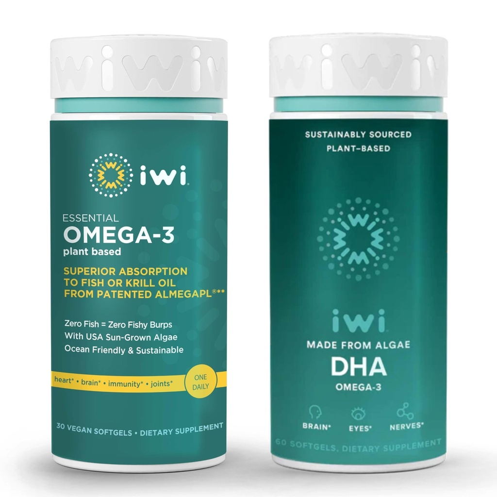 Iwi Omega-3 Estial & DHA Omega-3 Bundle, 30 Pelayan, Tanaman Vegan - Dibased Algae Omega 3, Krill & Fish Oil Alternative, No Fishy Aftertaste