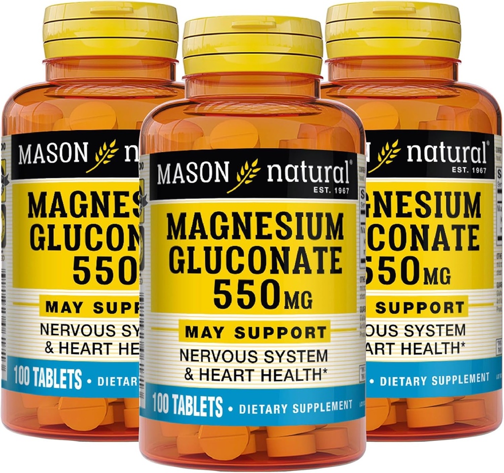 Mason Natural Magnesium Gluconate 550 mg, 300 Day Suply for Normal Healthy Heart and Gugup System Support, 100 Tablet (Paket 3)