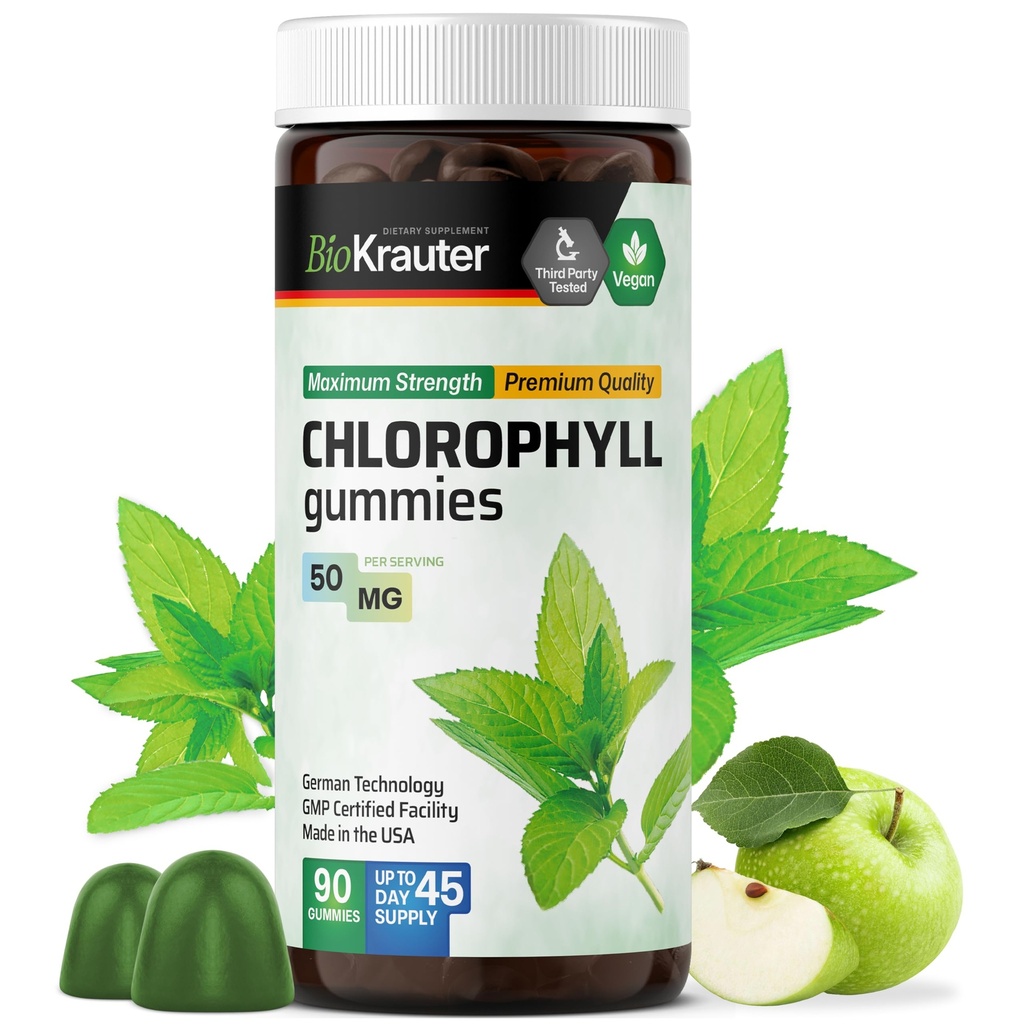 BIO KRAUTER Chlorofil Gummies - 90 Chews - Chlorophyll Suplemen - Natural Skin & Detox Dukungan - Vegan, Pectin Based, Pemasak Non-GMO