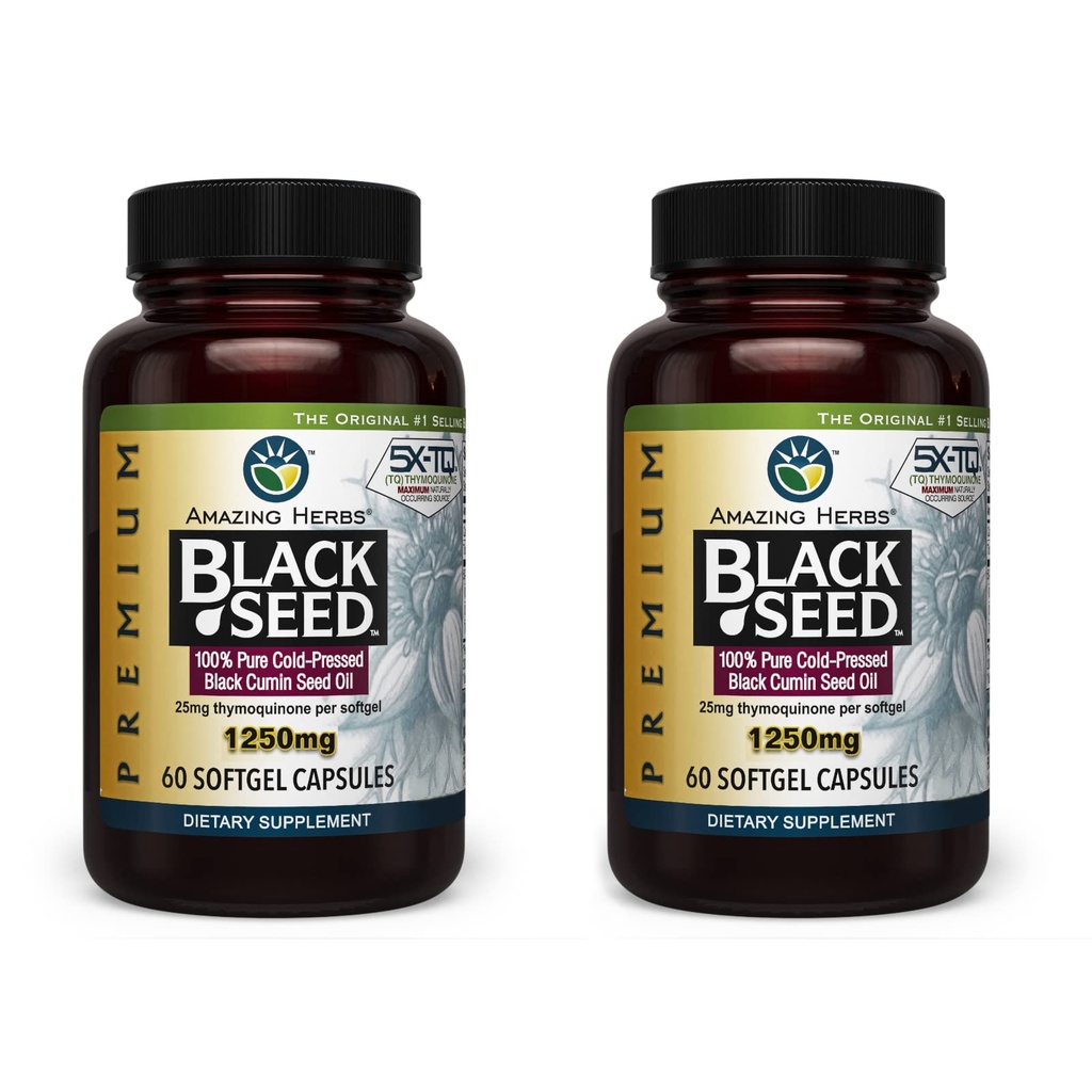 Amazing Herbs Premium Black Seed Oil Capsules - Potency High, Cold Menekan Nigella Sativa Aids in Digetical Health, Imune Dukungan & Fungsi Otak - 60 Count, 1250mg (Pack of 2)