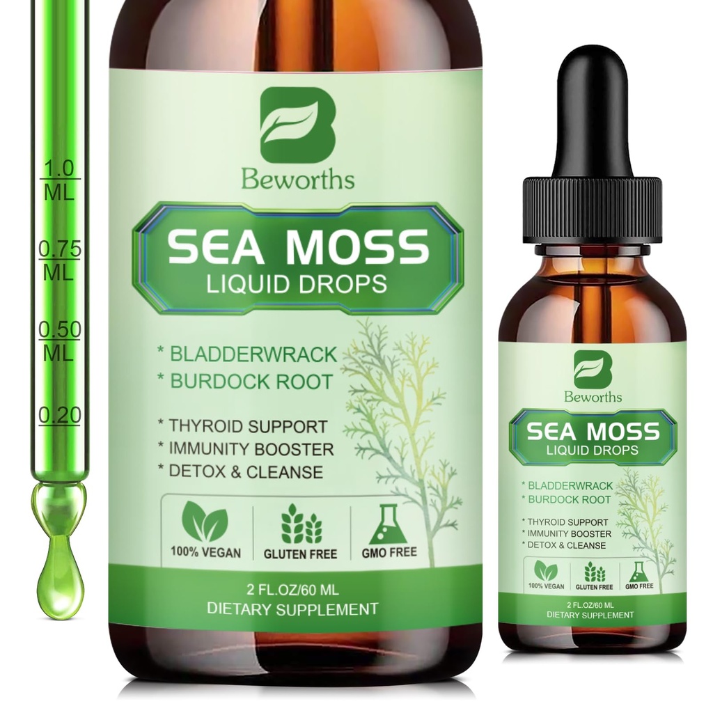 Sea Moss Liquid Drops - Organic Irish Sea Moss Gel with Spirulina, Bladderwrack, Burdock Root, Seamoss Gel Suplemen untuk Bersama, Detox Cleanse & Divalry Dukungan - 2 Fl Oz, Vegan