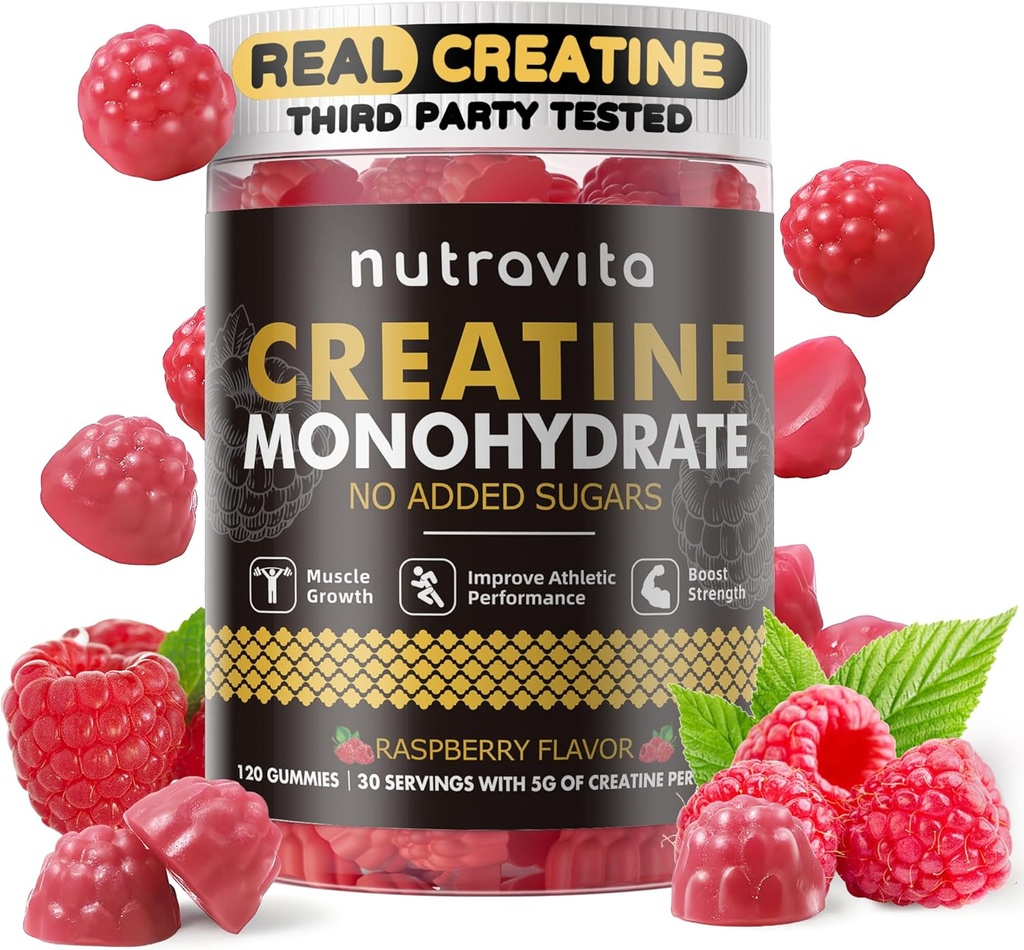 Nutravita Creatine Monohydrate Gummies for Men & Women -5g dari Creatine Monohydrate per Serving - Sugar Free, Vegan, Raspberry Flavor, 120 Count