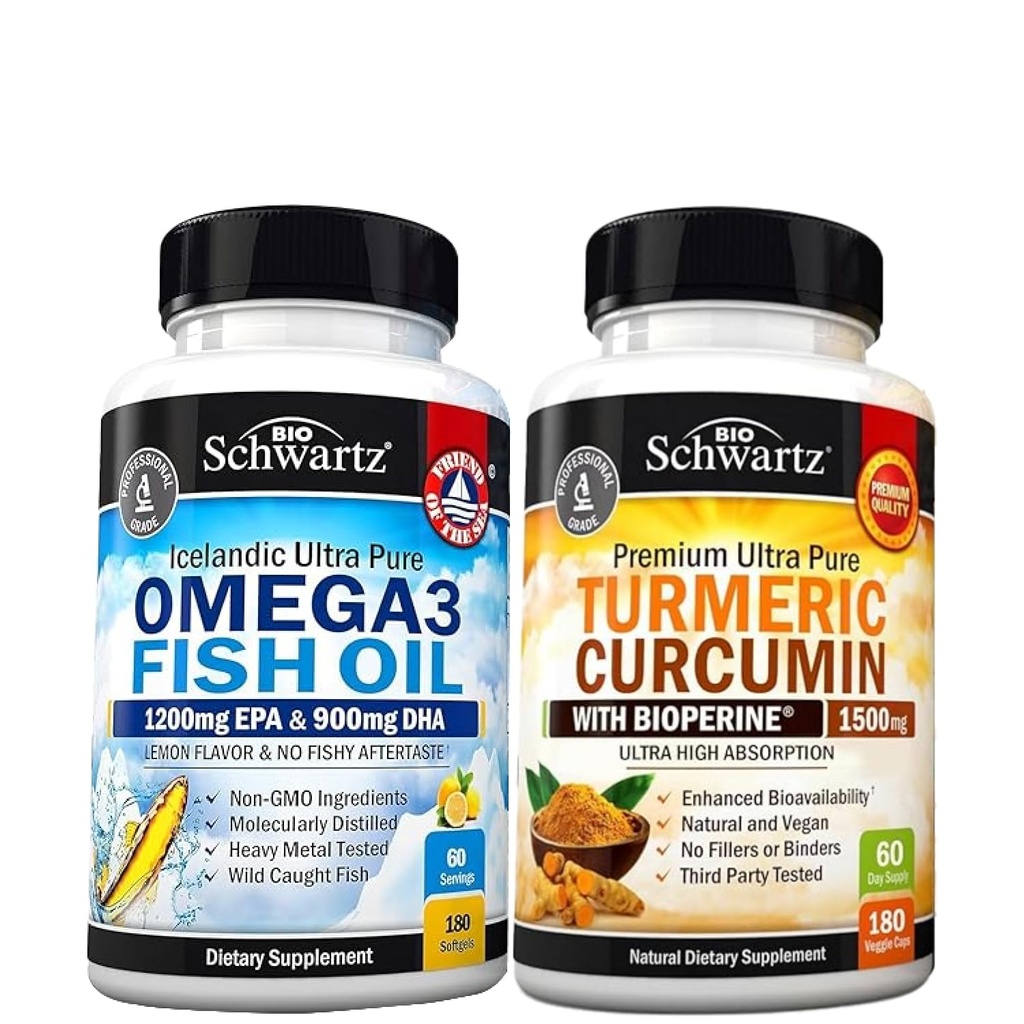 Triple Strength Omega 3 Fish Oil Softgeels (2 Bulan Suply) Plus Turmeriic Curcumin dengan Black Pepper Extract 1500mg Complex (2 Pasokan Bulan)