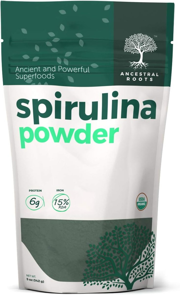 Ansestral Roots - Powder Spirulina Organik (5 oz) USDA Certified Vegan Spirulina Popper Saya 100% Pure Superfood for Optimal Health & Imune Support.