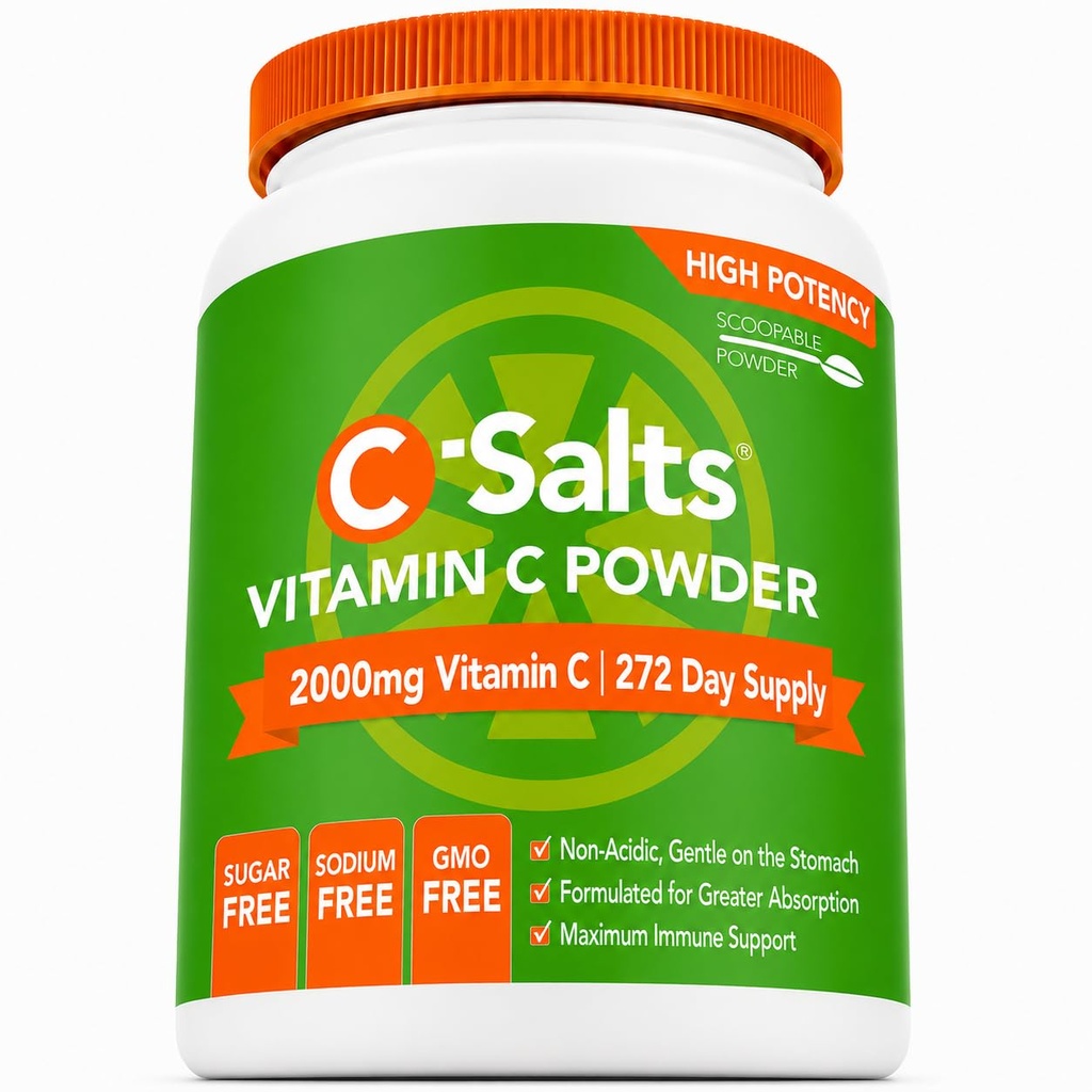 C-Salts Vitamin C Powder Supder Tambahan - 100% Murni Tinggi Dose Buffered Vitamin C Powder untuk Dukungan Imune - Organik, Sugar- Bebas, Vegan, Non- GMO, Stoach-Friendly, Asli 26 oz