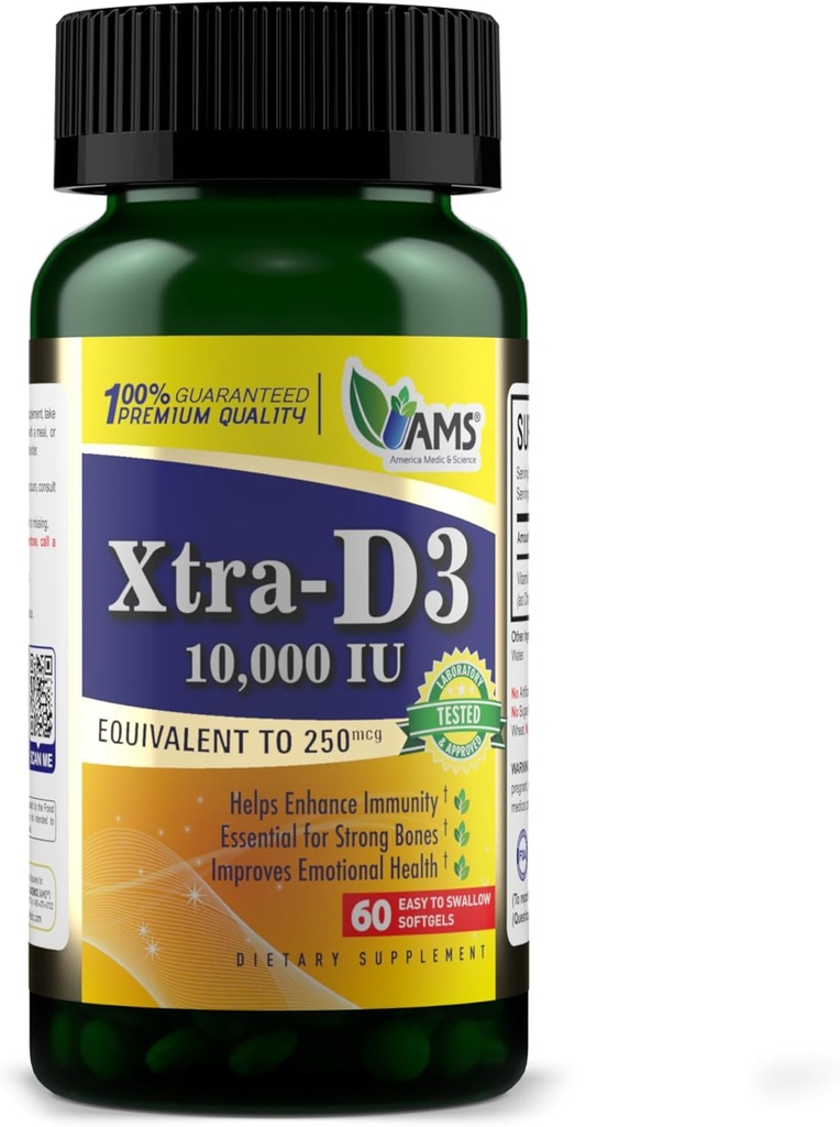 Amerika Medic & Science Xtra D3 Vitamin D 10.000 IU (250 mcg) Suplemen Cholecalferol untuk Pria & Women (60 Easy to Swallow Softgels) Terbaik untuk Bone, Heart Health, Immune System Support, Lung Fungsi