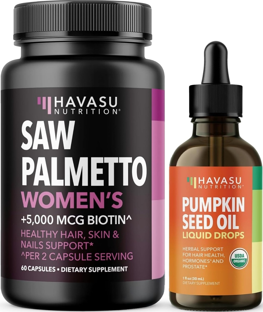 HAVASU NUTRITITION USDA Organik Pumpkin Seed Oil Drops (60 Servings) & Saw Palmetto for Women Hair Complex (30 Servis)