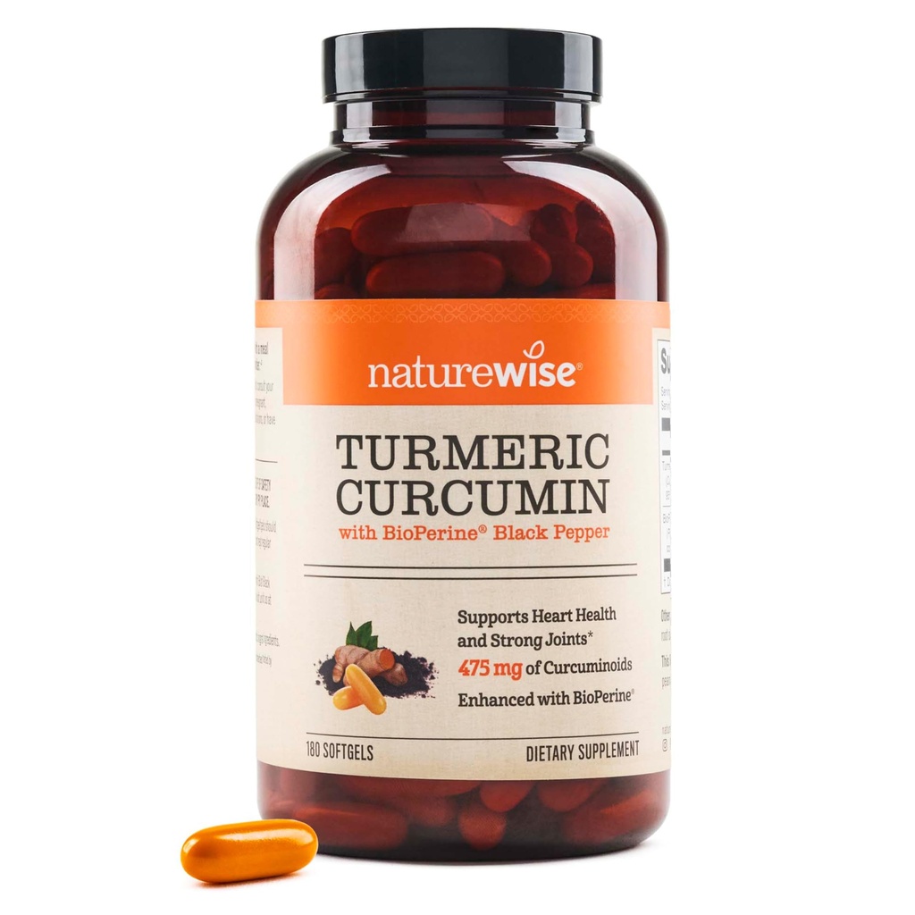 NaturreWise Turmeric Curcumin 500mg with Black Pepper Softgels - Extra Strength, Enhanced Absorpsi - 95% Curcuminoid & BioPerine for Immune Dupport - Gluten- Free, Non-GMO - 180 Count [6- Bulan Supply]