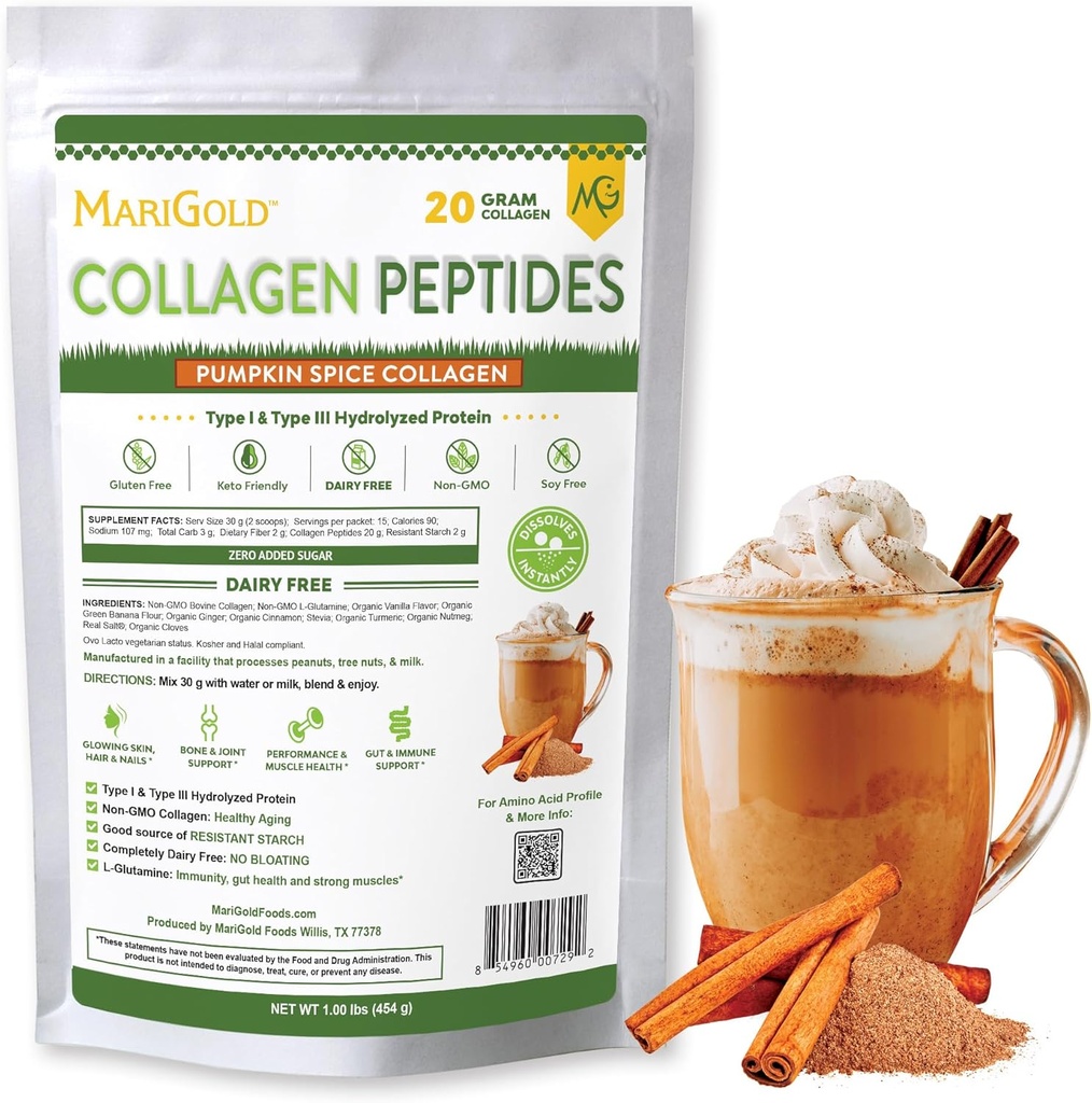 MariGold Grass- Feed Collagen Peptides Powder Pumpy Spice 1LB - 100% Murni, Tipe I & III Bovine Hydrolyzed Collagen, Non- GMO, Hormone Free, Soy Free, Gluten, Dairy Free, Keto- Friendly