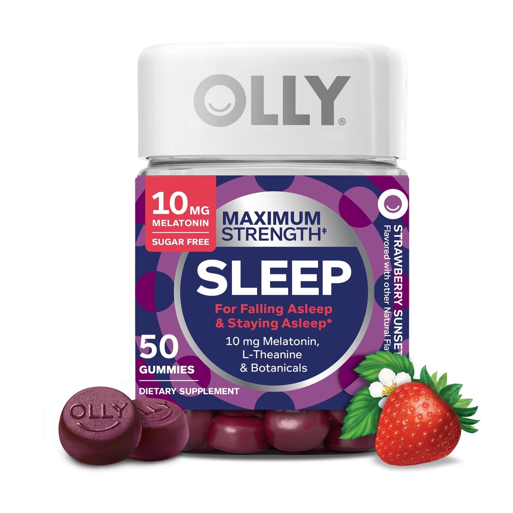 OLLY Max Strange Gummy, 10mg Melonatin, L-Theanine, Chamomile, Lemon Balm, Sugar Free, Vegetarian Sleep Aid, Strawberry - 50 Count