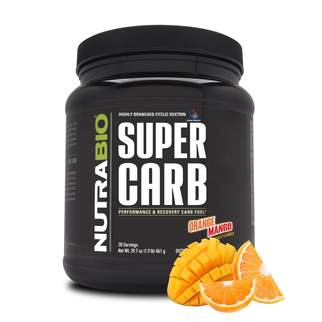 NutraBio Super Carb, Powder Carbohydrate dengan Cluster Dextrin & Electrolite, Busur Karb Lanjutan untuk Bahan Bakar Kerja, Performance, dan Pemulihan Muscle, Cyclic Dextrin, Orange Mango, 30 Sv
