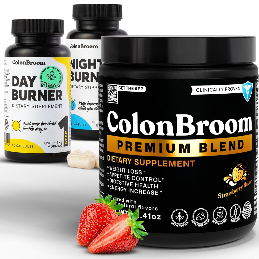 ColonBroom Premium Psyllium Husk Powder, Colon Broom Colon Cleanser Fiber Suplemen untuk Peninggalan Bloating Relief & Gut Health + Day & Night Burner Suplemen, Persediaan Berat (60 Management Pills), 3 Item