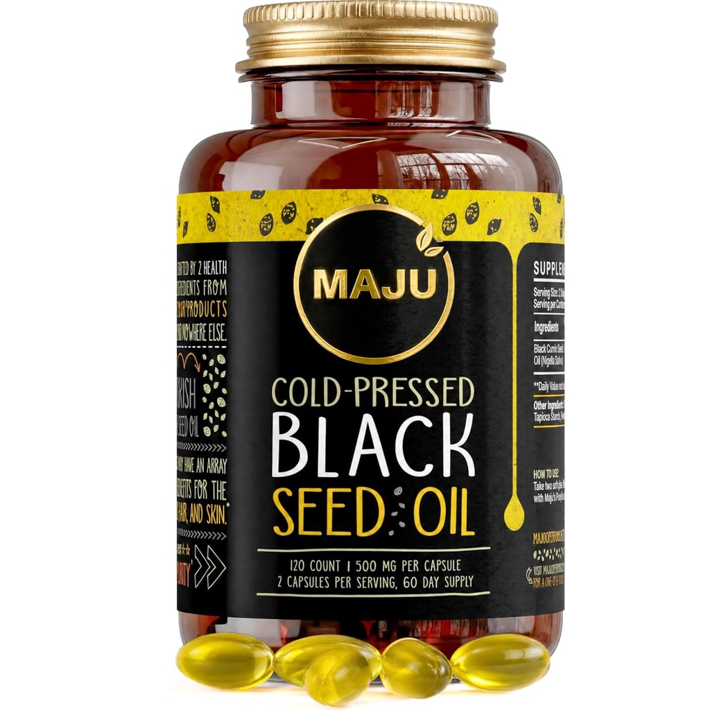 Katup Minyak Benih Hitam Super Magu, Tertekan Dingin Kuat, 2% Thymoquinone, 100% Kumin Hitam Turki Nigel Sativa Minyak Benih, Organik BSO, Liquid Blackseed, 120 Count, 500mg per Capsule