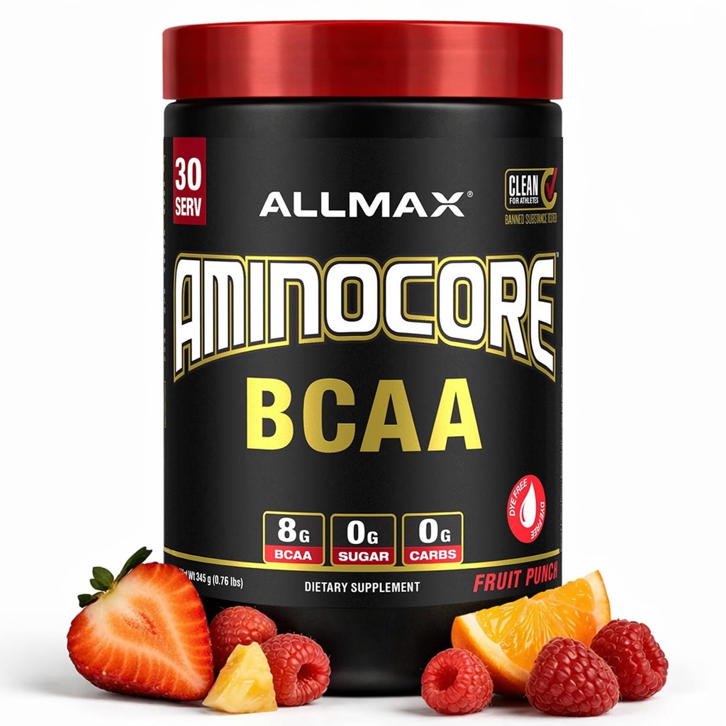 ALLMAX Nutrection AMINOCORE BCAA Powder, 8.18 Grams of Acids Amino, Intra dan Post Workout Recovery Drink, Gluten Free, Fruit Punch, 315 g