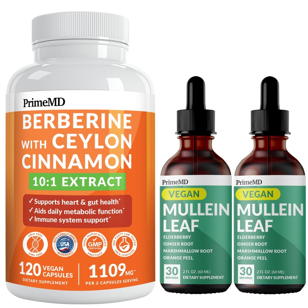 21-in- 1 Suplemen Berberine dengan Ceylon Cinnamon Chromium, Bitter Melon and Green Tea Extract (120) & 5-1 Mullein Drops for Lungs and Respiratory Lung Health & Bronchial Dukungan (60 Pelayan)