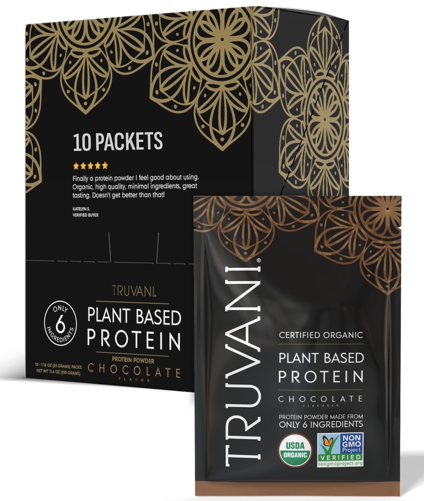 Truvani Vegan Protein Powder 124; Chocolate 124; 20g Organic Plant berbasis Protein 124; Paket Perjalanan Serving Tunggal 124; 10 Servings = 124; Keto 124; Gluten & Dairy Free 124; Low Carb 124;
