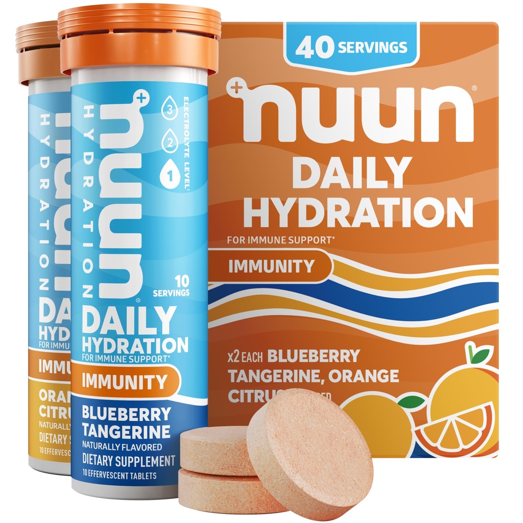 Nuun Immunity Electrolite Tablet dengan Vitamin D, C, E, & A, Ginger, Elderberry, Magnesium & 4 Electrolyte lainnya, Vegan, Blueberry Tangerine & Orange Citrus, 4 Pack (40 Servings Total)