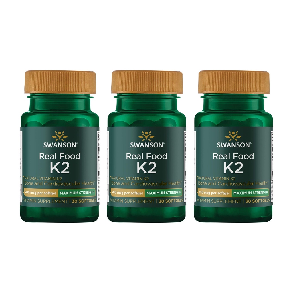 Swanson Maksimal Kekuatan Vitamin K2 (Menaquinone -7) -Vitamin Suplemen Pendukung Kardiovaskular dan Hells Bone - Dibuat dari Jepang Natto untuk Bantuan Regulate Calcium (30 Softgeels, 200mcg Masing-masing) (3 Paket)