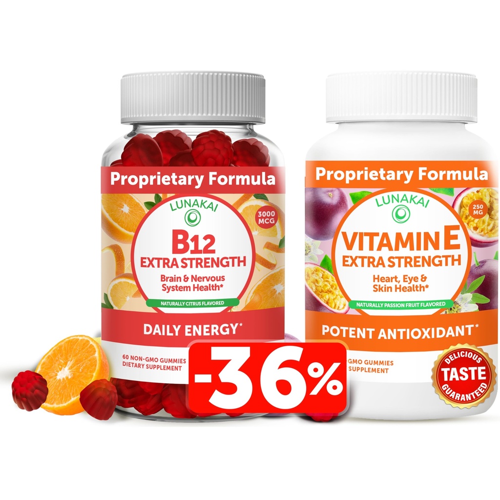 Lanakai Vitamin B12 dan Vitamin E Gummies Bundle - 3000 mcg Gummies untuk Dukungan Energi Dewasa dan Kesehatan Tulang - 250 mg 1000 iu Natural VIT E Plus C Suplemen