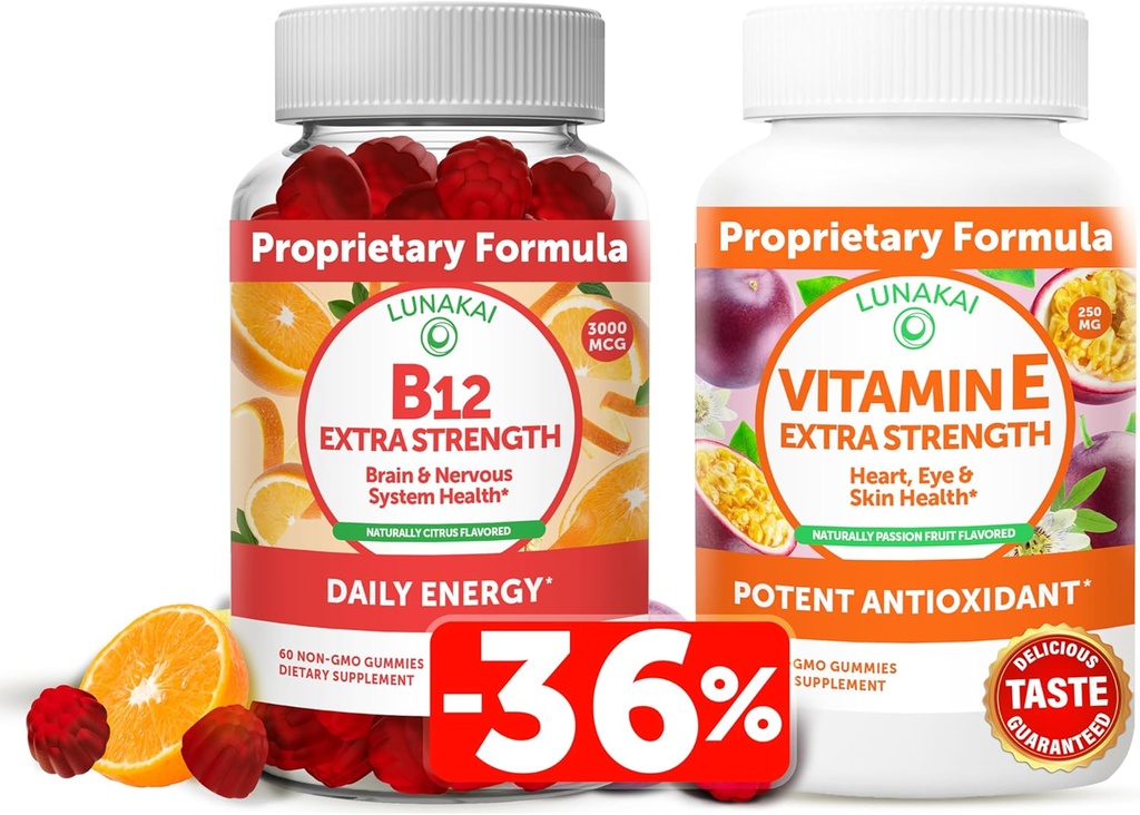 Lanakai Vitamin B12 dan Vitamin E Gummies Bundle - 3000 mcg Gummies untuk Dukungan Energi Dewasa dan Kesehatan Tulang - 250 mg 1000 iu Natural VIT E Plus C Suplemen