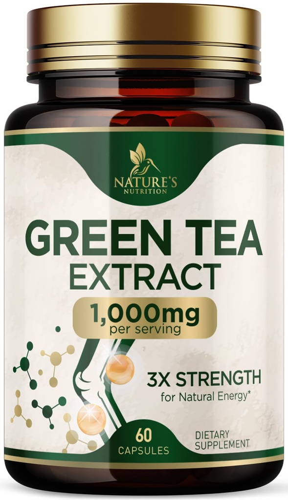 Green Tea Extract Capsules 1000 mg - Standardisasi 45% EGG & 98% Polyphenols - 3X Tea Hijau Pil untuk Natural Energy - Support Heart Health, Herbal Supplemen, Vegan, Non-GMO - 60 Capsules