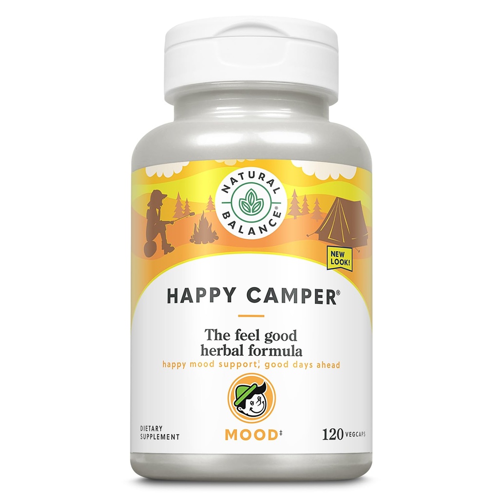 Keseimbangan Alam Happy Camper - Perbaikan Dukungan Mood FeelGood - Gotu Kola, Passion Flower, dan Kava Kava Kava Capsules - Jaminan Hari 60- Hari (120 Count)