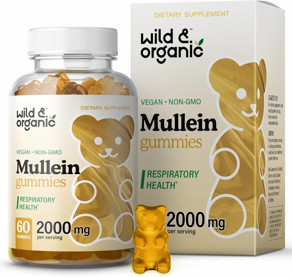 Wild & Organic Mullein Gummies for Lungs 2000mg - Lung Detox and Cleanse - Vegan Mullein Leaf Gummies for Imune Dupport - 60 Non-GMO Herbal Extract Chews