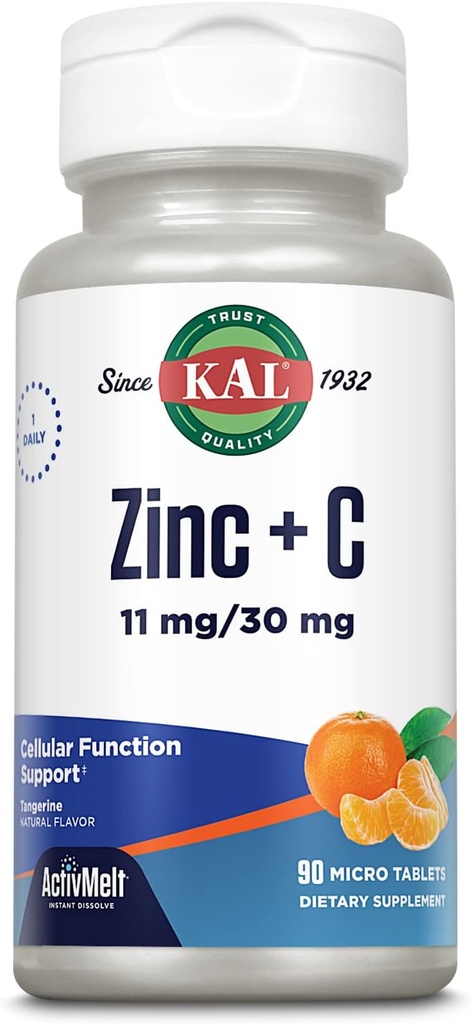 KAL Zinc Plus C, Instant Dissolve Vitamin C dan Zinc, Fungsi Sel dan Dukungan Imune, Optimal Absorpsi, Natural Tangerine Flavor, 60-day Money@-@ Back Jaminan, 90 Pelayan, 90 Micro Tablet