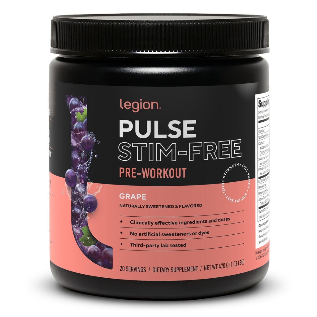 LEGION Pulse Pra Workout Suplemen - Semua Natural Nitric Oxide Preworkwork Minum untuk Boost Energy, Creatine Free, alami Sweetened, Beta Alanine, Citrulline, Alpha GPC (Caffeine Free Gape)