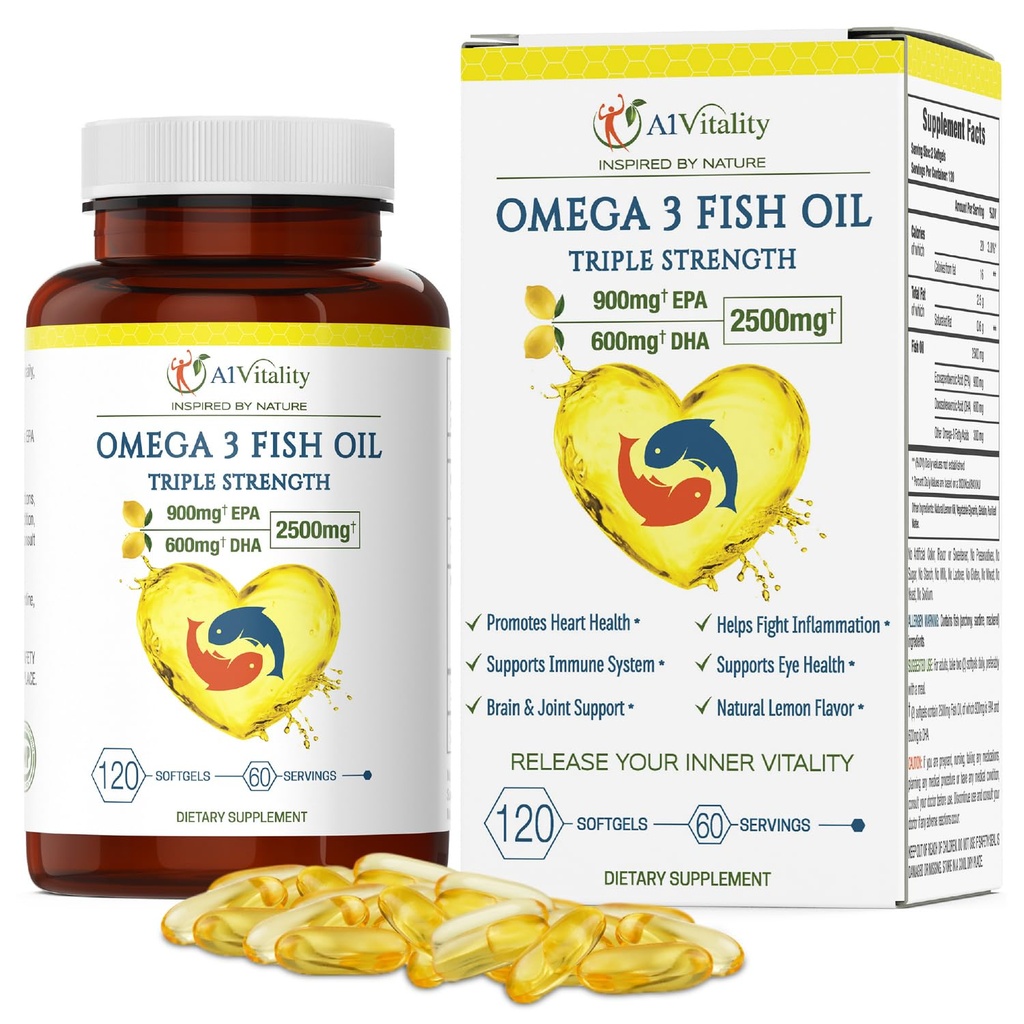 Omega 3 Triple Power EPA DHA Tambahan - 2500mg Lemon Flavored Burpless Fish Oil - Potency Tinggi 900mg EPA 600mg DHA Supports Circulation, Brain, Heart, Eye, Skin, Bone & Joints - 120 Softgels