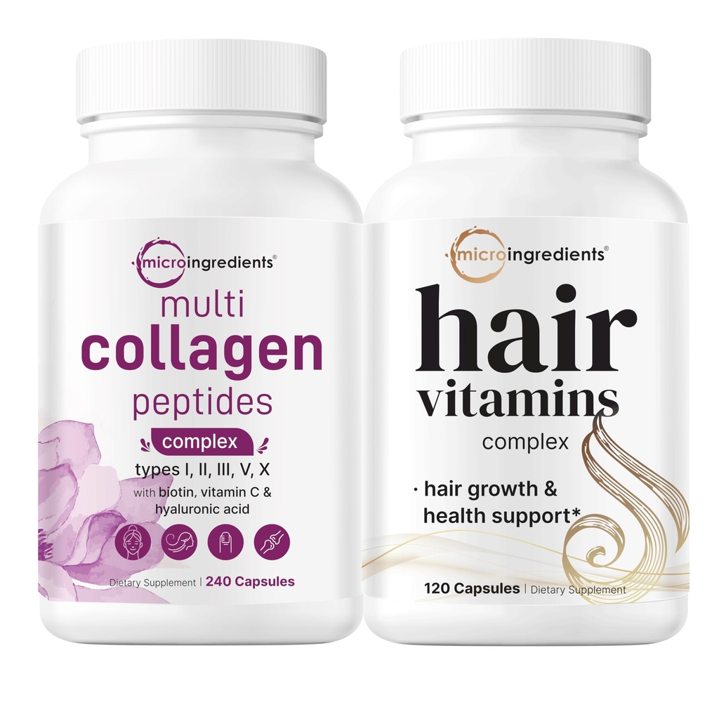 Micro Ingrediens Multi Collagen Complex for Women & Hair Vitamin Complex Bunsules 2 Pack 124; Grass-Fed Collagen Peptides 12.4414-1 Advanced Growth Support