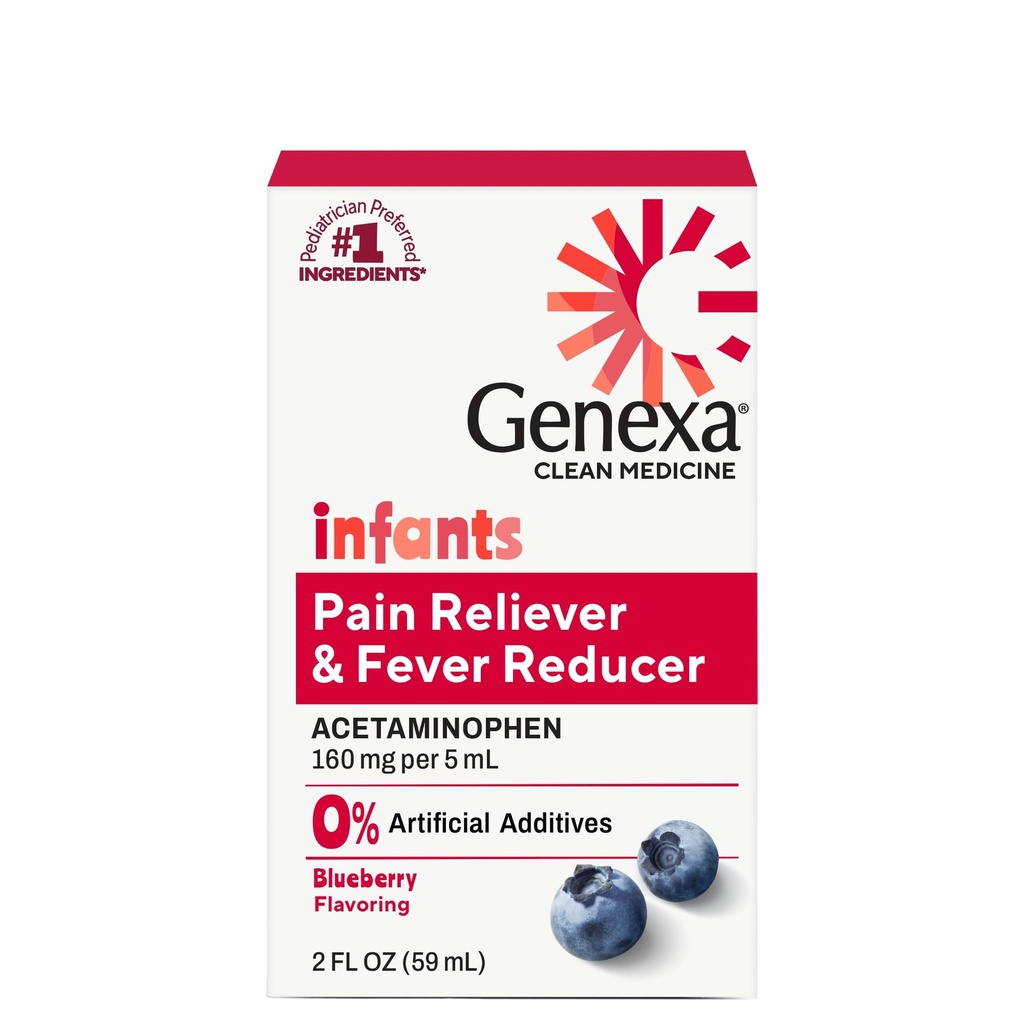 Acetaminofhen Genexa Bayi 'Clean Acetaminofhen 124; Dokter Pediatri Disukai Ingrediment 124; Penangguhan Sakit & Demam untuk Bayi 124; Dye Bebas, 0% Artificial Address 124; Delicious Organ Blueberry Flavor, 2 fli oz