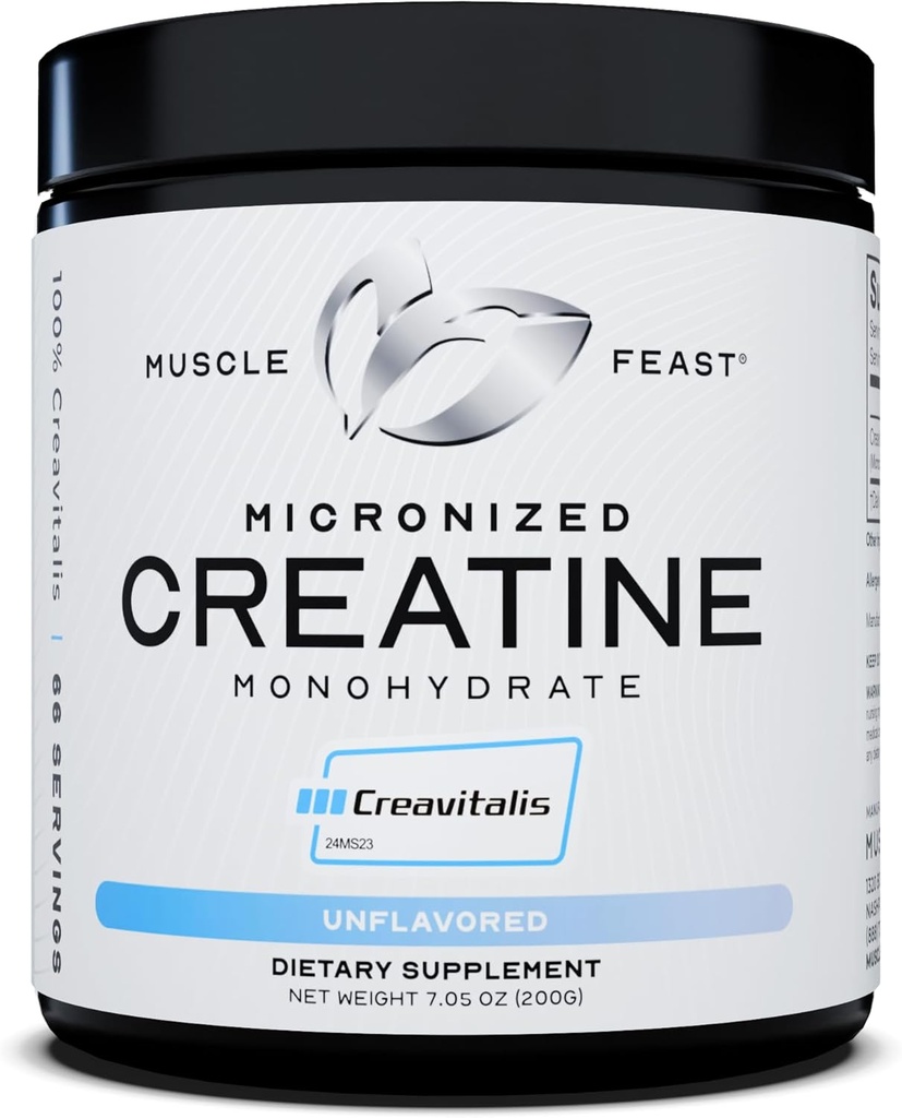 Muscle Feast Creavitalis Micronized Creatine Monohydrate Powder 126; Premium Pre-Workout atau Post- Workout 124; Easy to Mix, Gluten-Free, Safe and Pure, Kosher Certifikasi (200g 124; 66 Pelayan), Unflasheed
