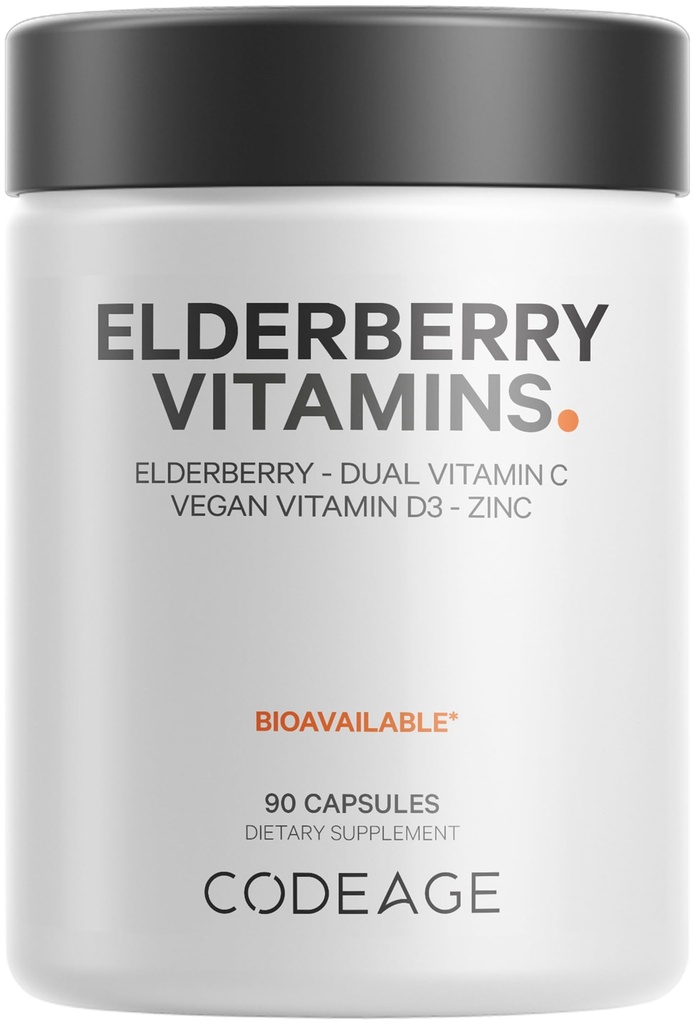 Codeage Elderberry Vitamin - Organic Ferdited Elderberry Blend, Vitamin C dari Accorbic & Organic Acerola Cherries, Vitamin D3, Zinc, Sambucus Berry - 90 Capsules