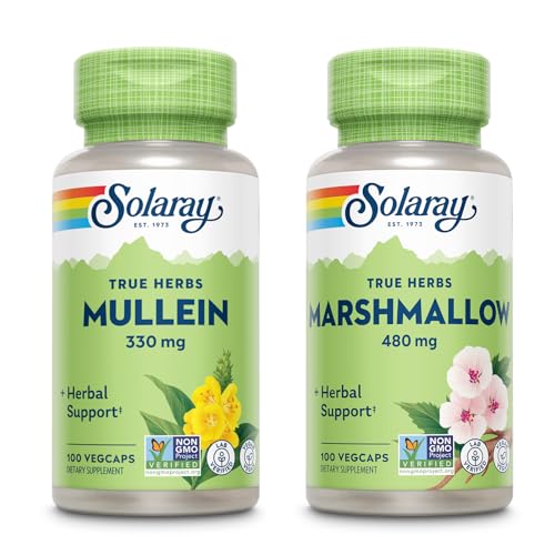 SOLARAY Mullein Leaf 330 mg dan Marshmallow Root 480 mg - Wellness Bundle - Herbs High di Mucilales Soluble Fiber for Soomthing Dukung - Vegan, Non-GMO, Lab Verifikasi, 60- Hari Jaminan, 200 / 100 VexCaps