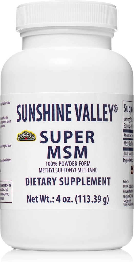 Suplemen Super MSM Sunshine Valley - Methylsulfonymetana MSM Crystalder untuk Dukungan Gabungan, Nails, Rambut & Skin Kesehatan - 100% Pure Powder, Persediaan Diet - 4 oz