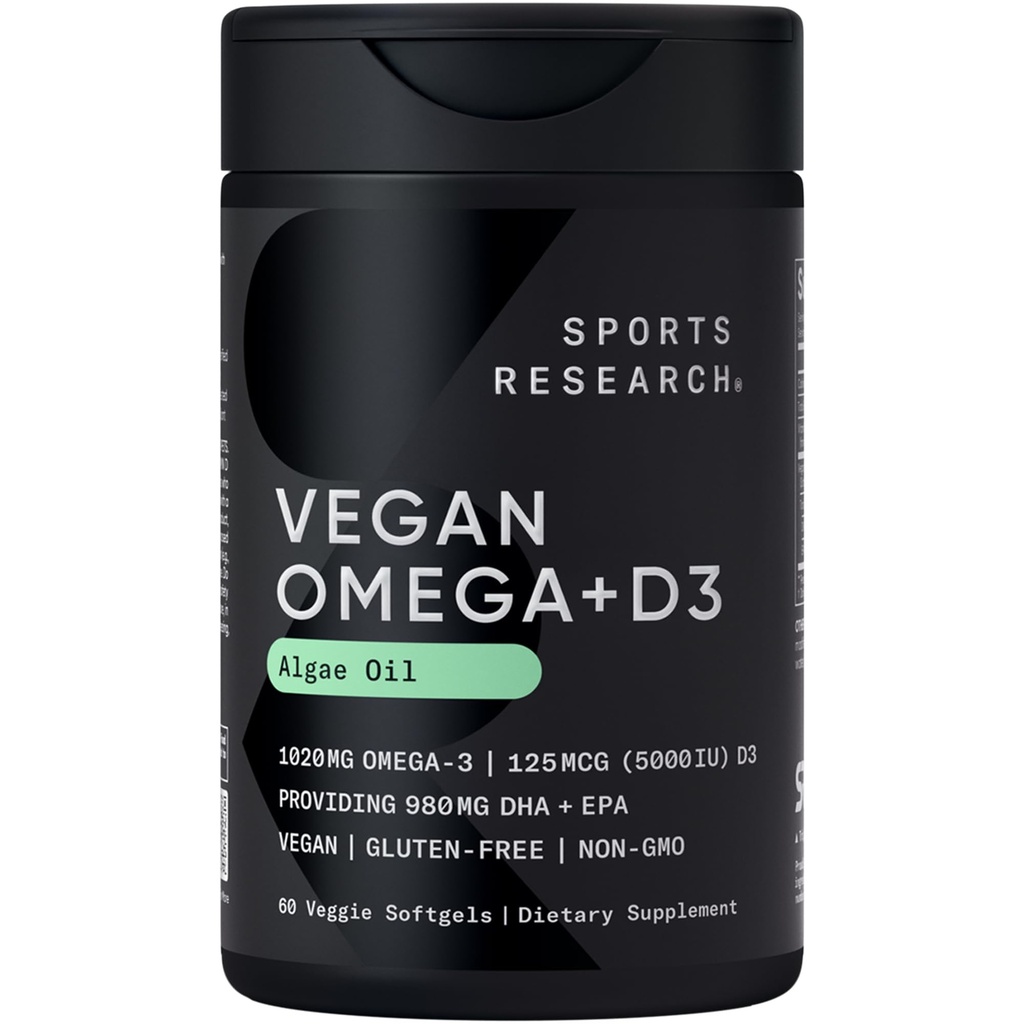 Vegan Penelitian Olahraga Omega- 3 dengan Vitamin D3 Softgels - 1020mg Omega-3 & 5000iu D3 Suplemen - Fish Oil Alternatif dengan Vitamin D Plant - Berdasarkan Dukungan dari Algae Oil - 60 Vevgie Softgeels untuk Dewasa