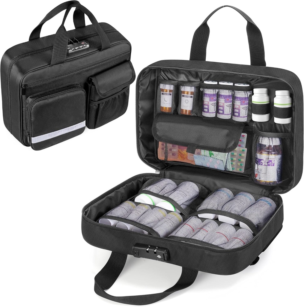 Damero Locking Pill Bottle Organizer, Medical Storage Bag Medication Organizer Travel Carrying Case for Large Pil Bottle, Medications and Medical Supplies, Black