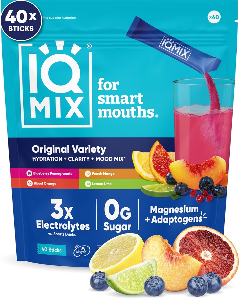 IQMIX Hydration Electrolite Powder - 4-1 Formula for Hydration, Mental Clarity, Mood dan Recovery - Sugar- Free Drink Mix, Keto, Magnesium L- Threbonate, Lion 's Mane - 40 Count Variety Pack