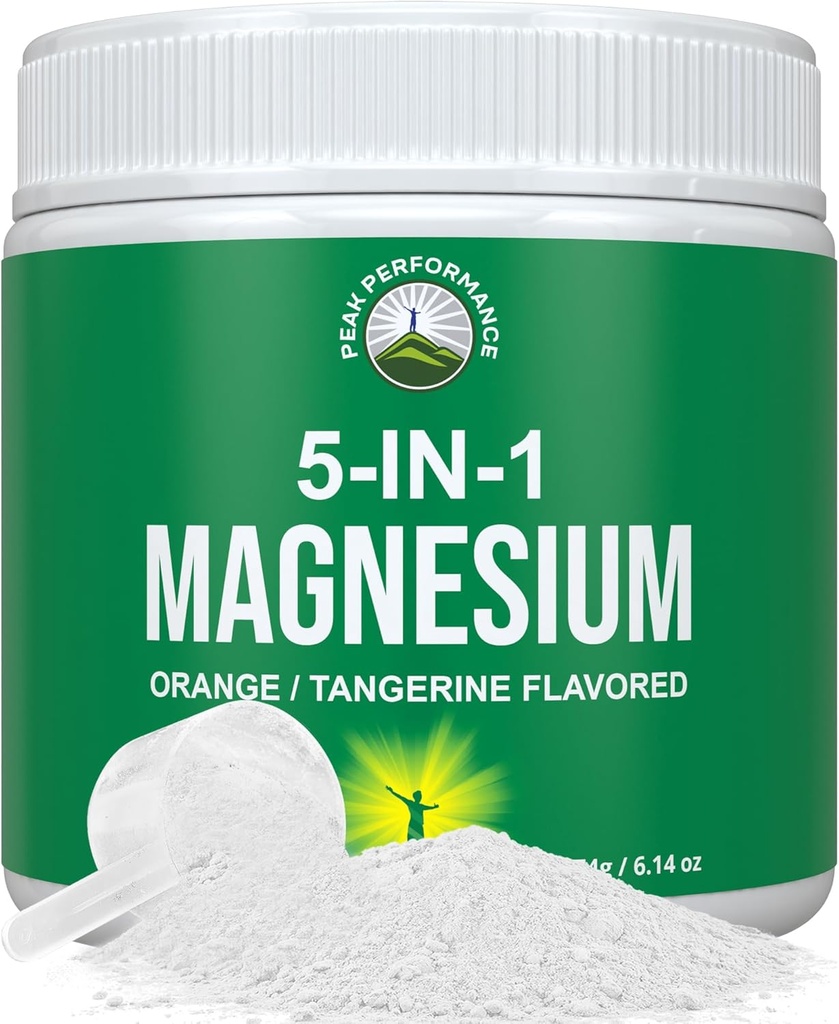 5-in- 1 Magnesium Powder Drink for Women & Men. Magnesium Glycinate + Citrate + Malate + Chelate + Tadrate. Great Tasting Vegan Suplemen untuk Relaxation Otot, Tidur, Kram. Orange Flavor