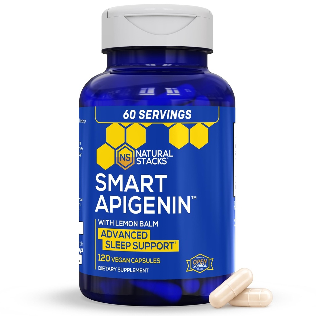 NUTURAL STAKKS Apigenin Supplement for Sleep - 50mg Apigenin & 600mg Lemon Balm - Melonasin Free Sleep Aid - dengan Passion Flower Extract for Stress Support * - 120 Lemon Balsules