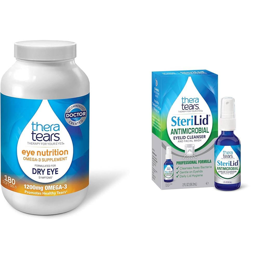 TheraTears 1200 mg Omega 3 Supplemen untuk Nutres Eye, Organik Flaxseed Triglyceride Fish Oil dan Vitamin E, 180 Count & SteriLid Eyelid Cleanser dan Face Wash, untuk Irrited Eyes, 2 fl oz Sembur